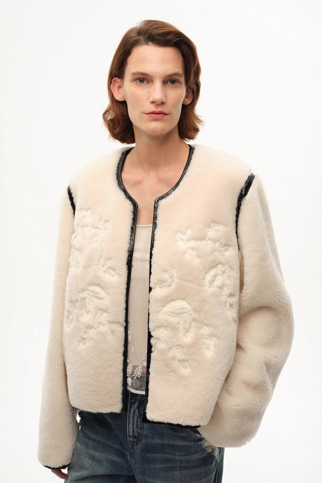 "FF×JW Muse Project" embroidered round neck short merino wool sheepskin fur coat-1