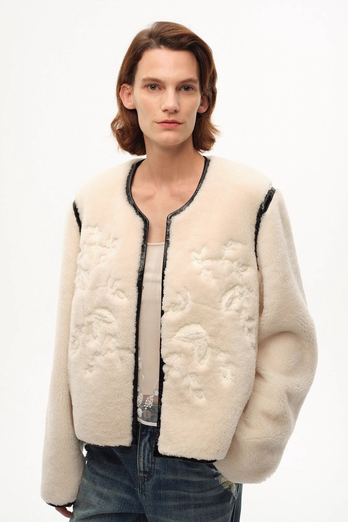 "FF×JW Muse Project" embroidered round neck short merino wool sheepskin fur coat-1