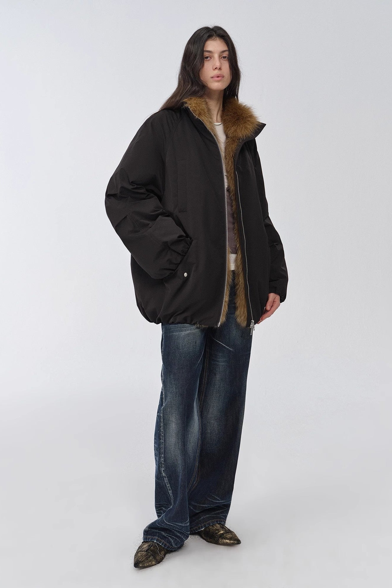 Fireladyfur Women's Mid-Length Two-Tone Fox Fur Down Jacket"Warm Dialogue"-4
