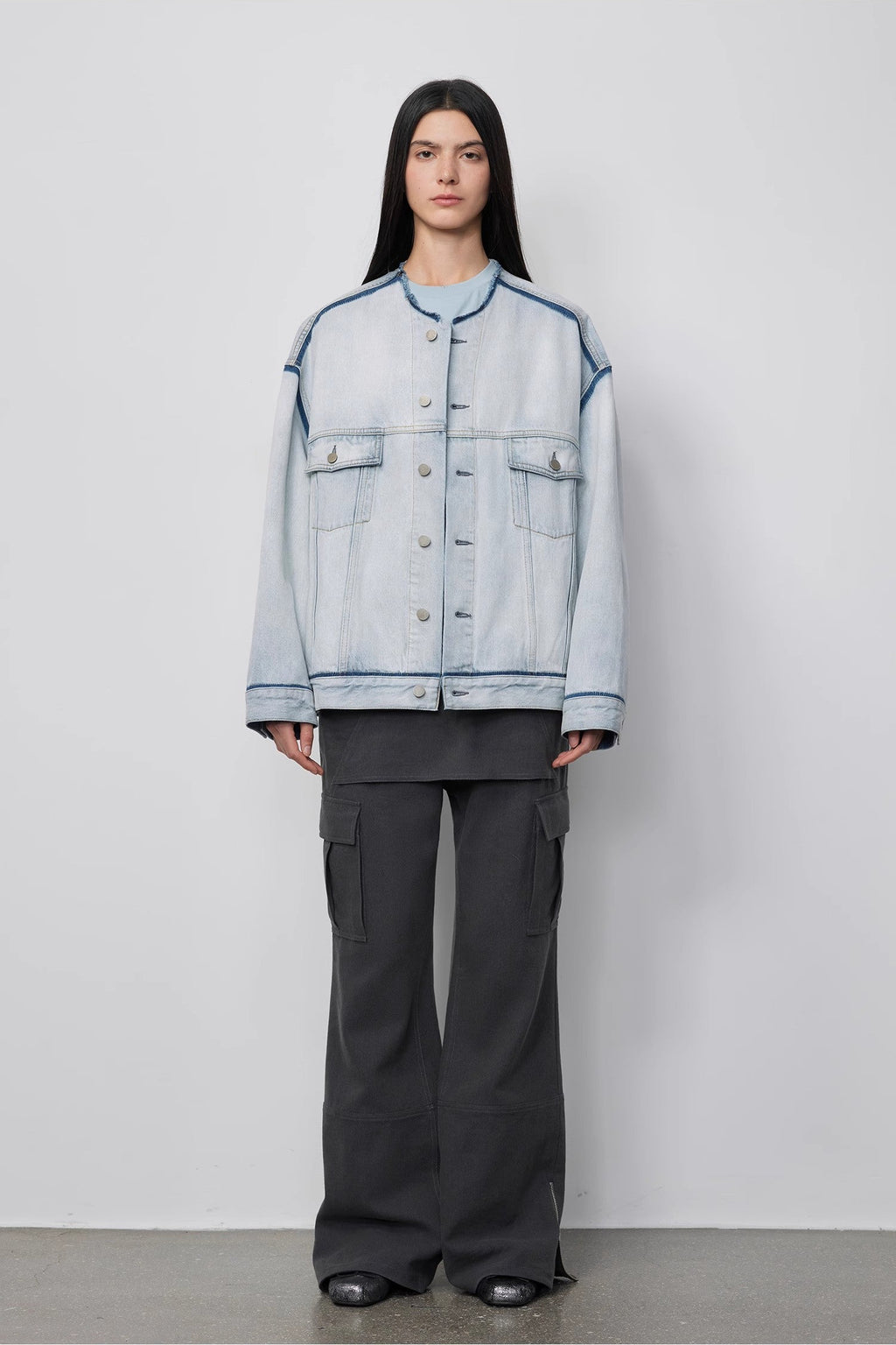 "Starry Sky Market" luxury brand classic washed cotton collarless raw edge denim jacket-0