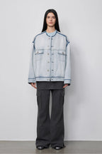 "Starry Sky Market" luxury brand classic washed cotton collarless raw edge denim jacket-0