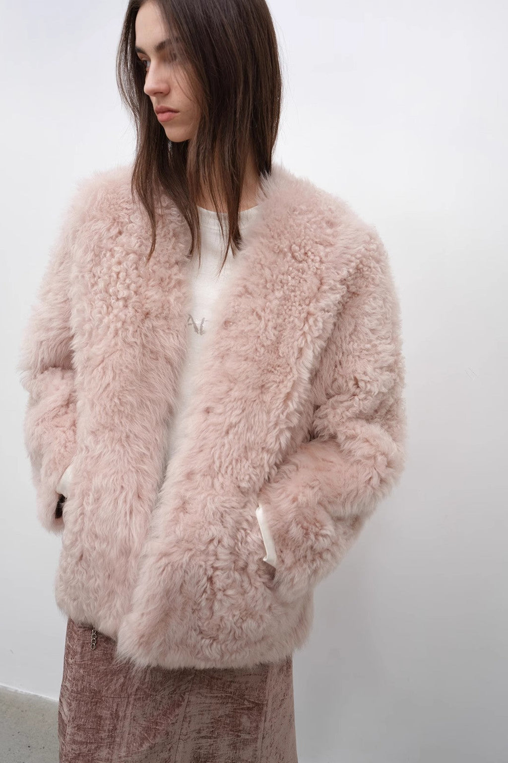 "Castle Dusk" V-neck Italian imported Tuscan curly wool sheepskin fur coat winter-4