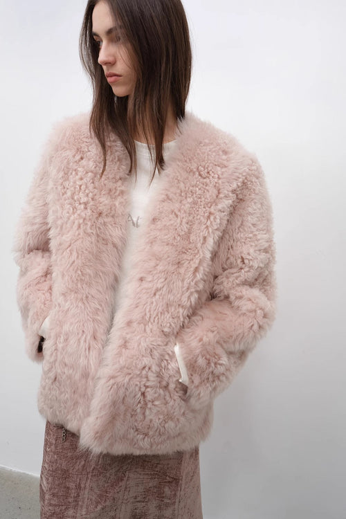 "Castle Dusk" V-neck Italian imported Tuscan curly wool sheepskin fur coat winter-4