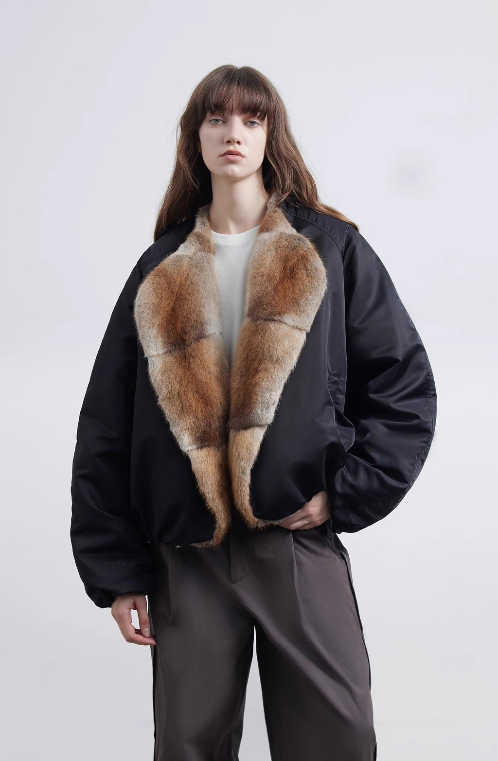 Fireladyfur Women’s Short Colorblock Parka with Sable Mink Fur Collar and Goose Down“Hull Contract”-2