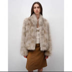 Polar Snow Casual Handmade Swoosh Printed Stand Up Lapel Fox Fur Coat-3