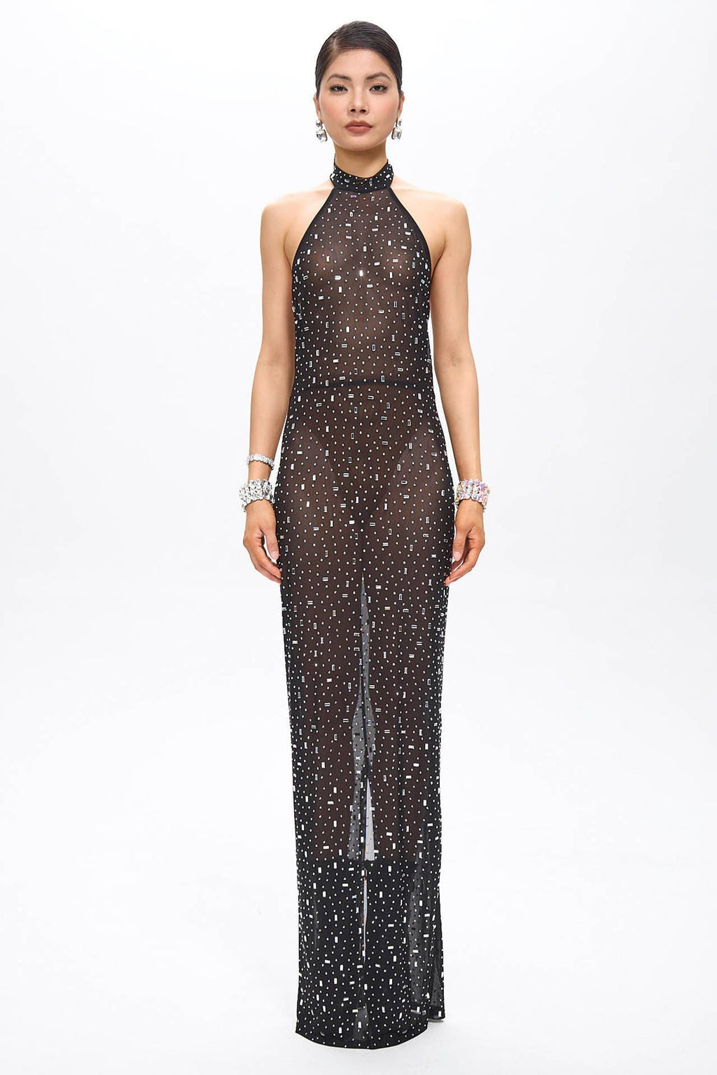 Huna Crystal Embellished Backless Maxi Dress Black
