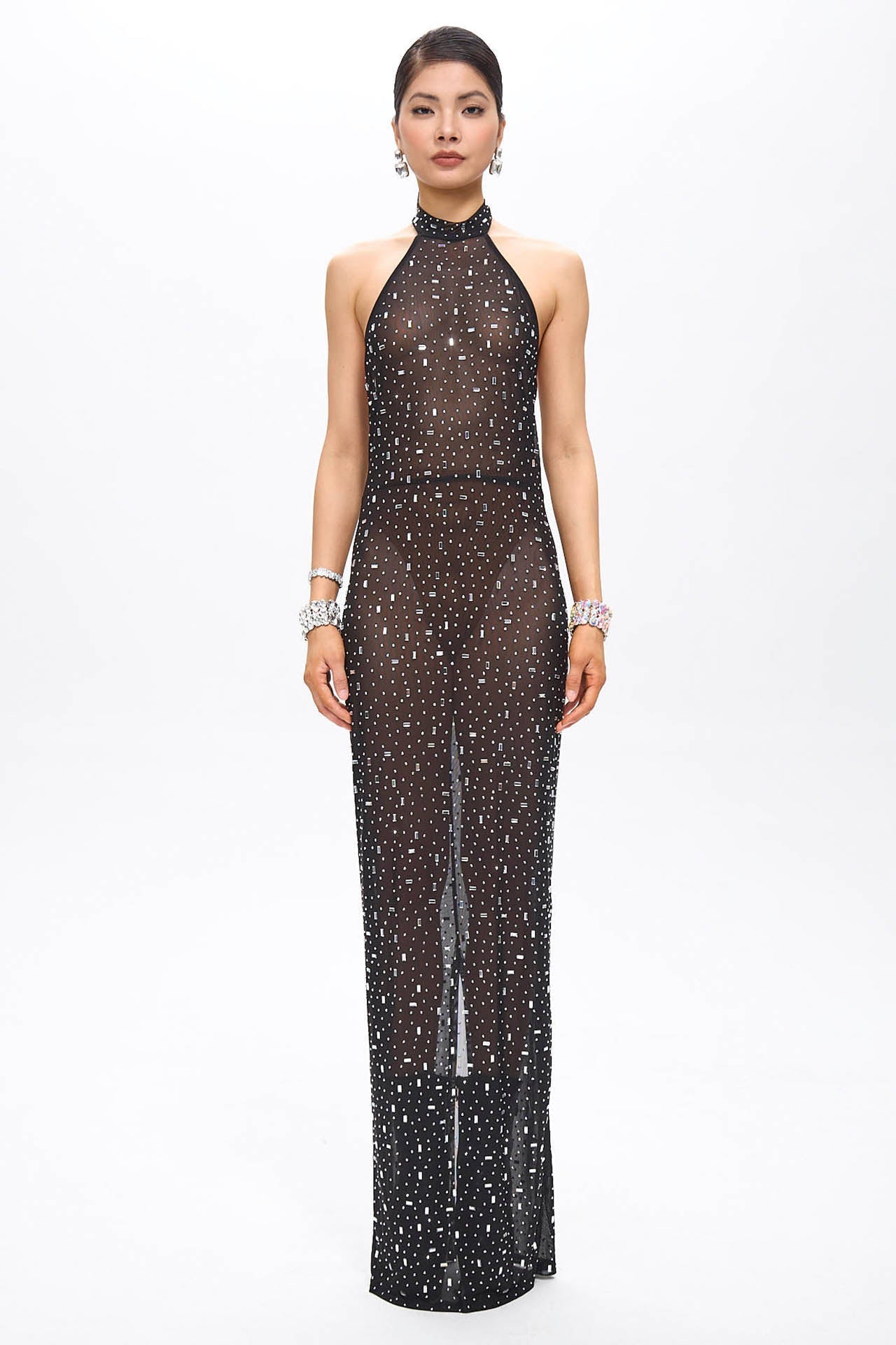 Huna Crystal Embellished Backless Maxi Dress Black