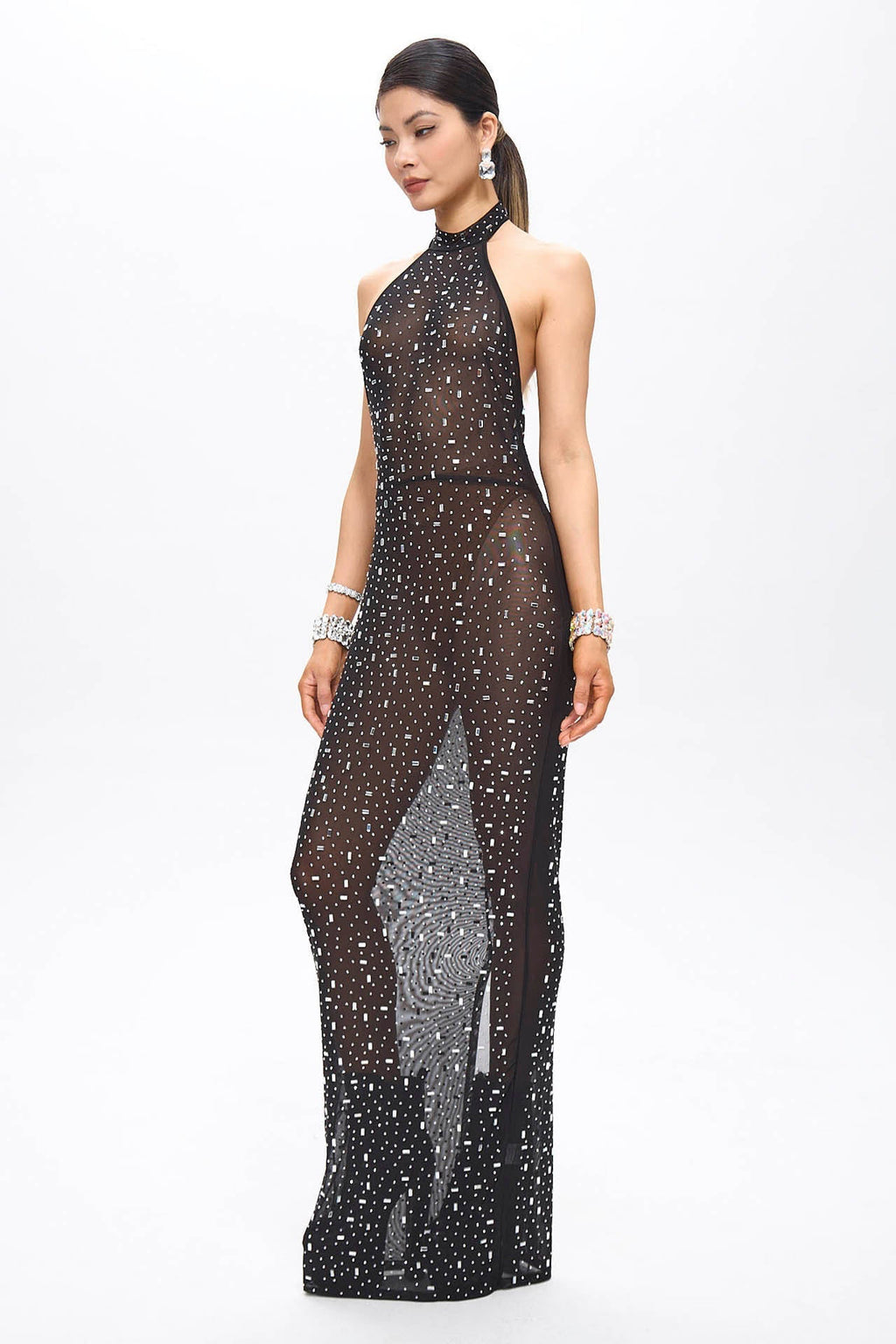 Huna Crystal Embellished Backless Maxi Dress Black