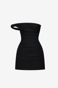 BLACK ONE-OFF SHOULDER DRAPED MINI DRESS