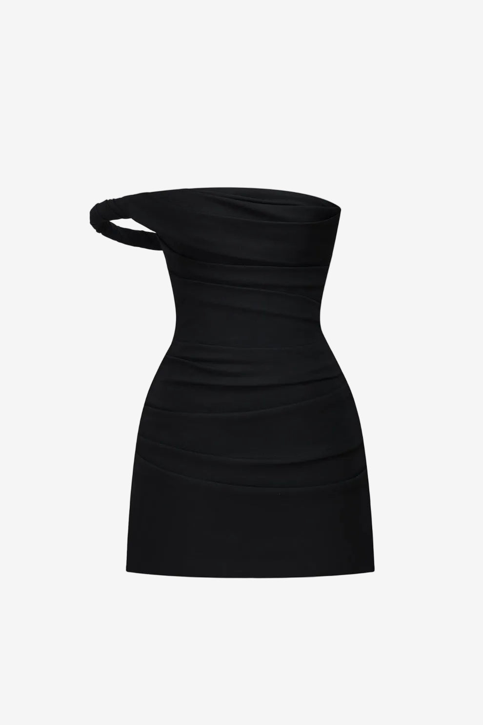 BLACK ONE-OFF SHOULDER DRAPED MINI DRESS