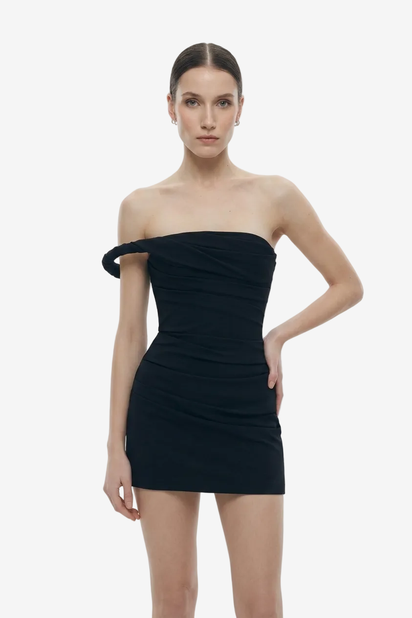BLACK ONE-OFF SHOULDER DRAPED MINI DRESS