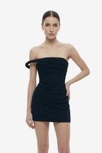 BLACK ONE-OFF SHOULDER DRAPED MINI DRESS