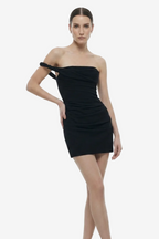 BLACK ONE-OFF SHOULDER DRAPED MINI DRESS
