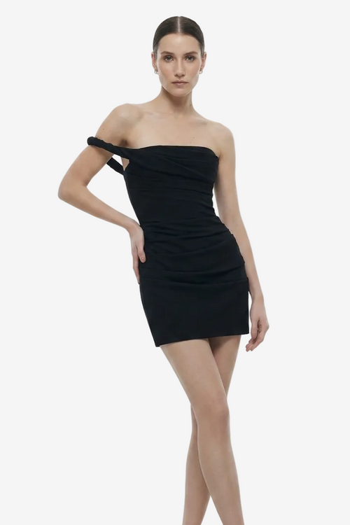 BLACK ONE-OFF SHOULDER DRAPED MINI DRESS