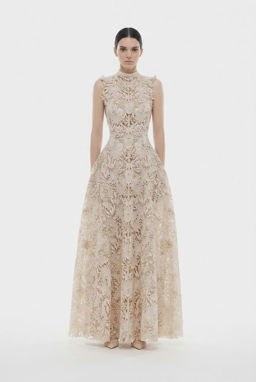 BEIGE FLOWER BEADED MAXI DRESS