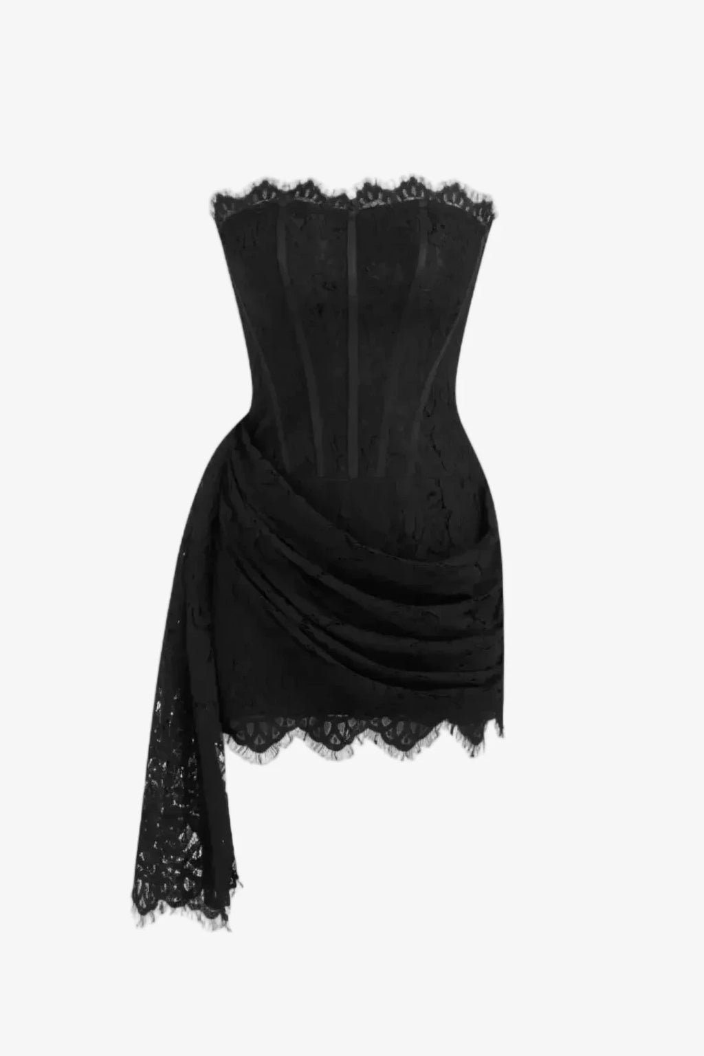 LACE SCULPTURAL TUBE DRAPED BOBYCON MINI DRESS