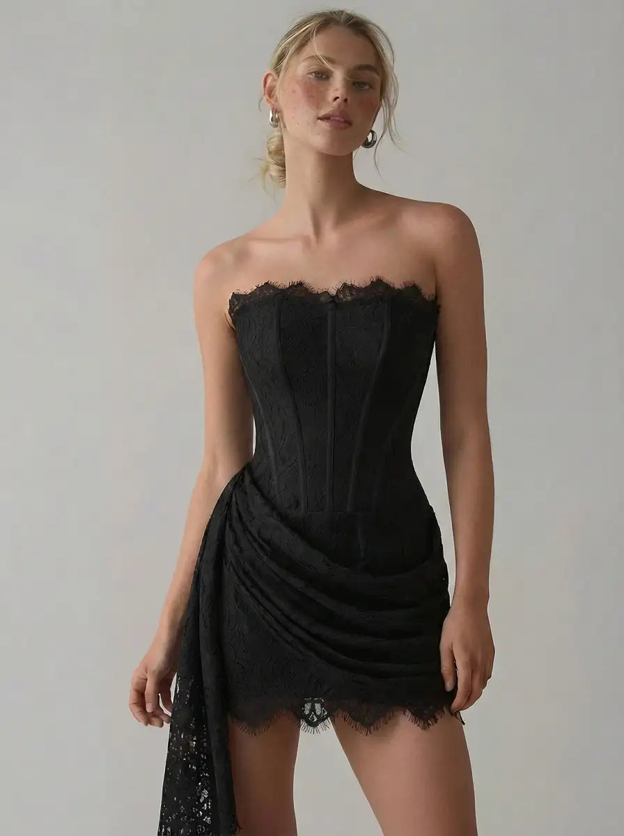 LACE SCULPTURAL TUBE DRAPED BOBYCON MINI DRESS
