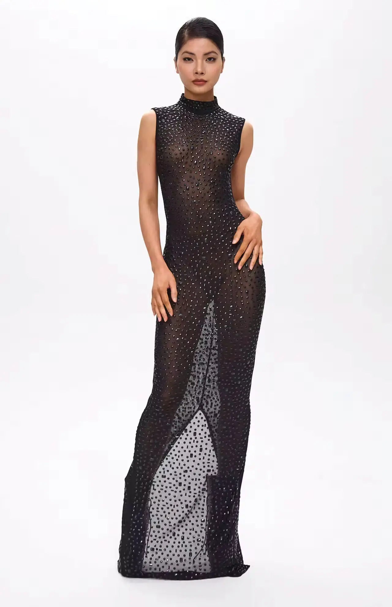 Mone Embellished Black Crystal Maxi Dress