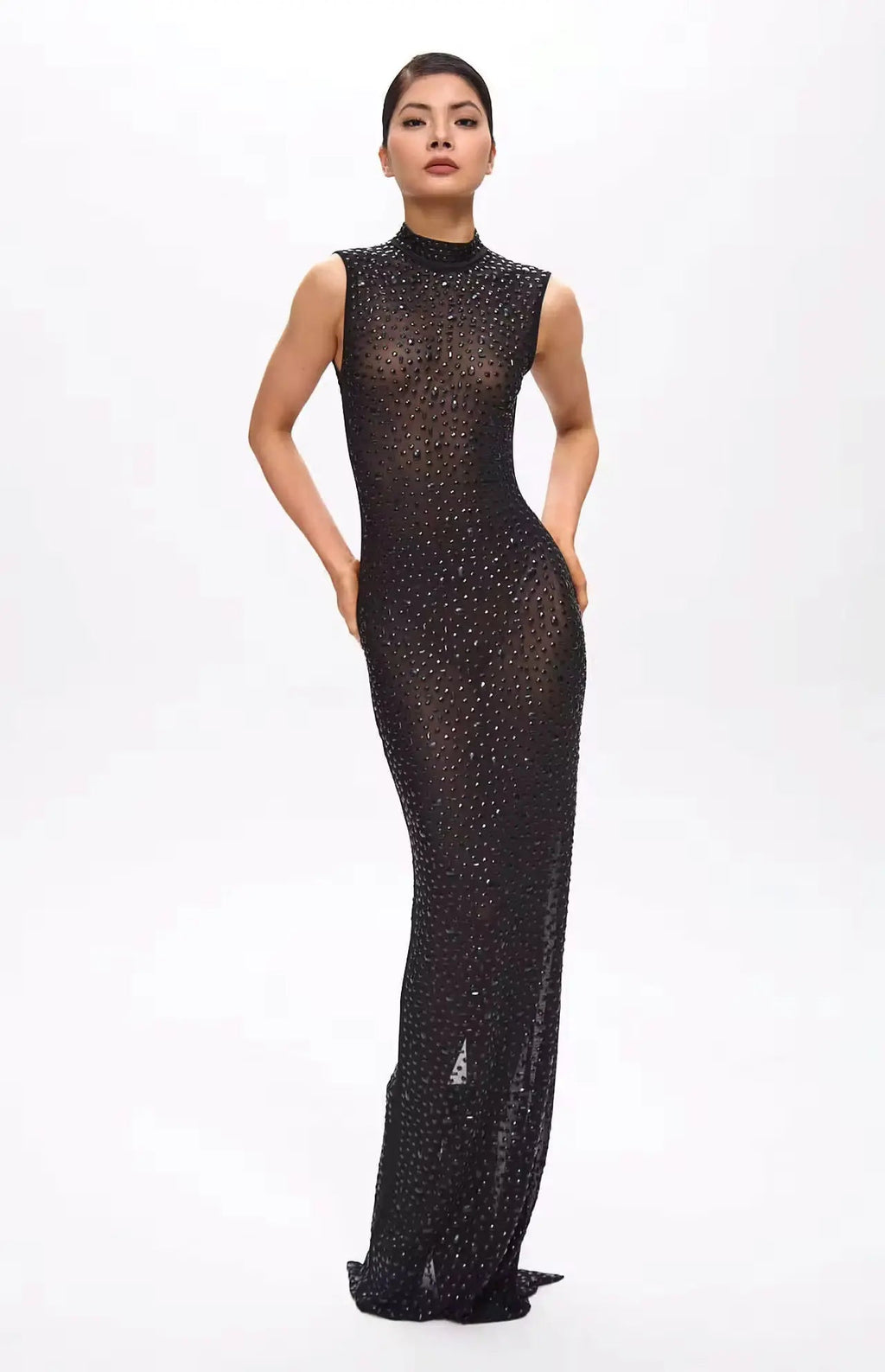 Mone Embellished Black Crystal Maxi Dress