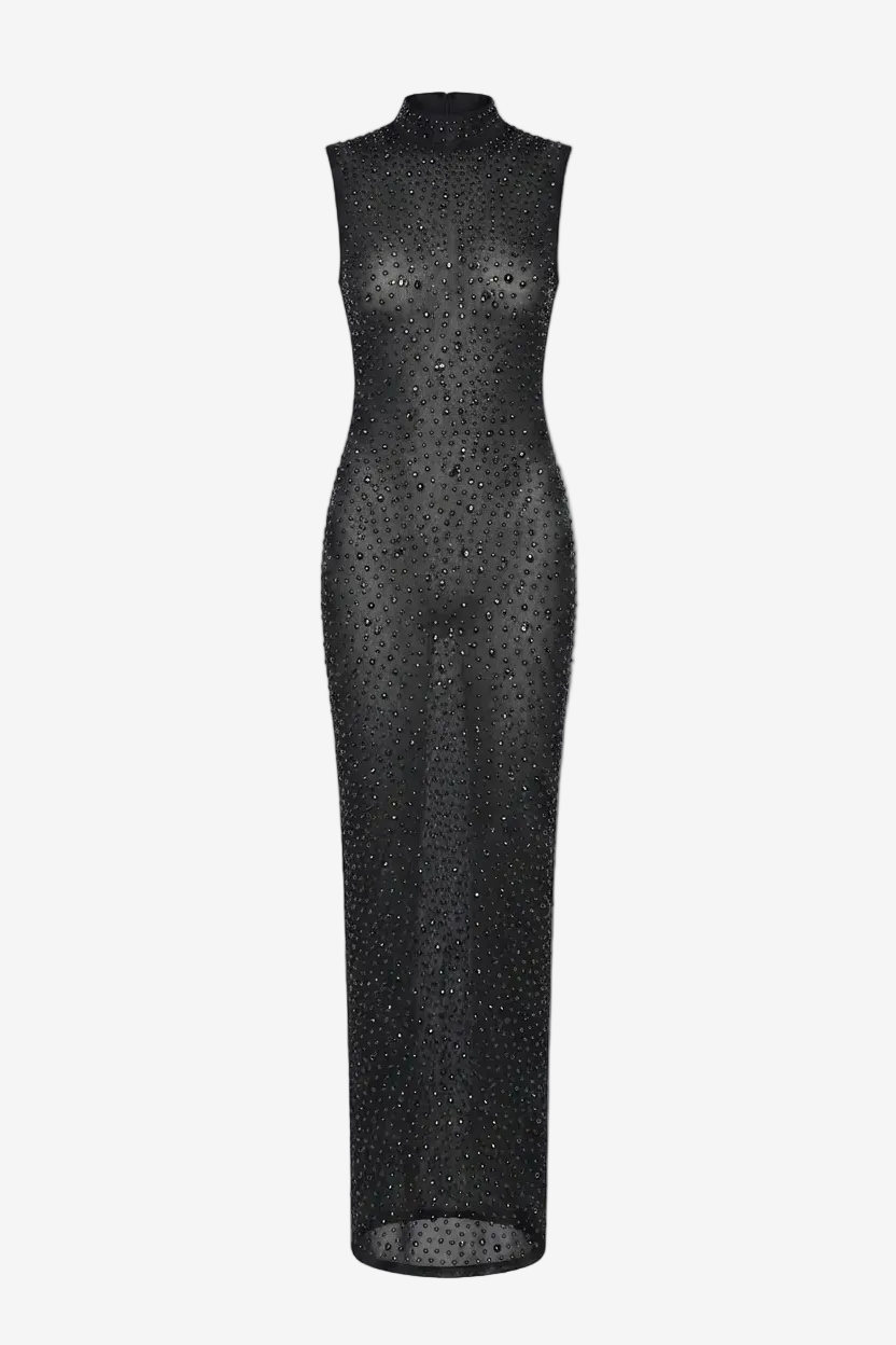 Mone Embellished Black Crystal Maxi Dress