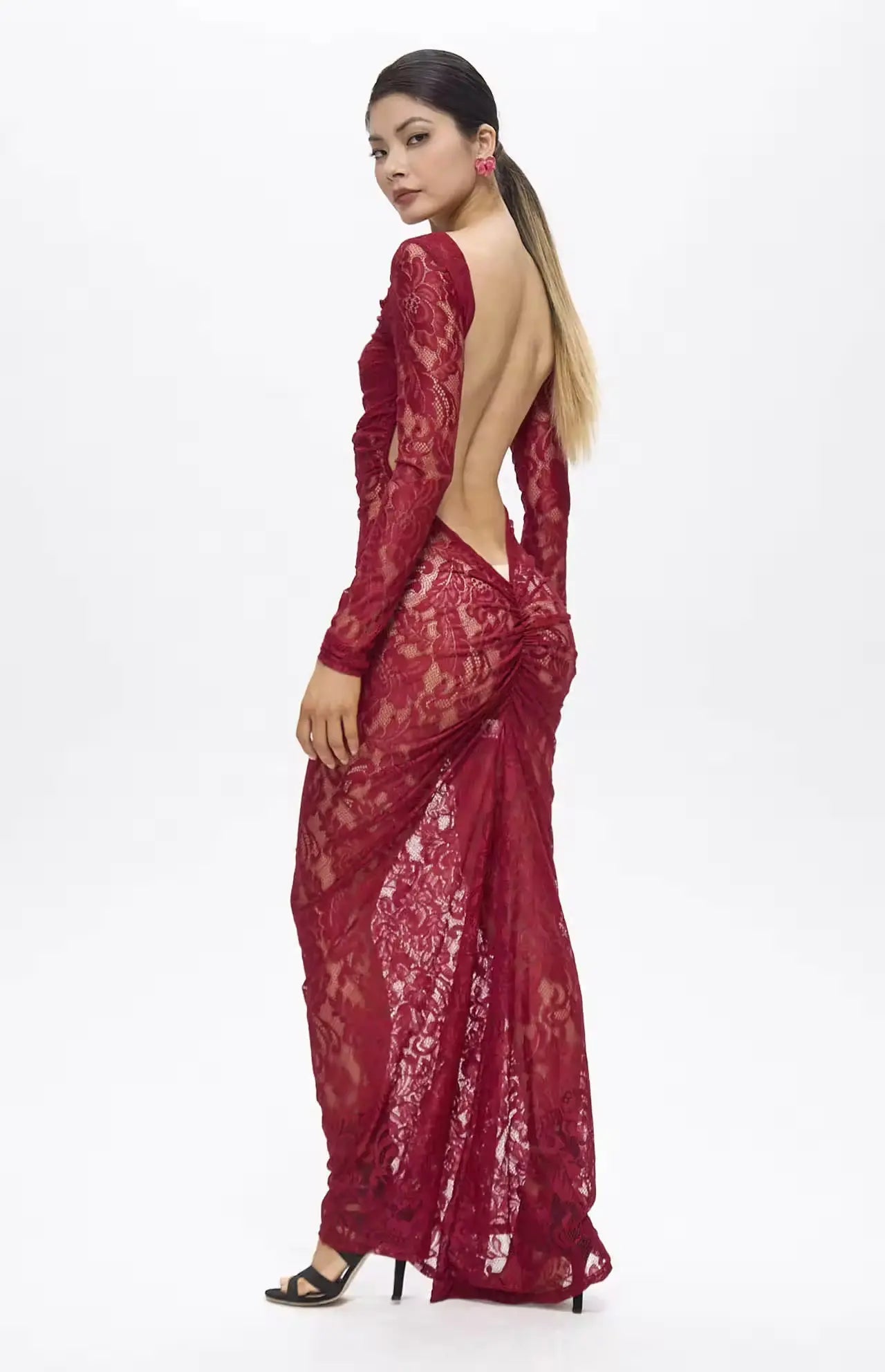 Turo Backless Floral Lace Maxi Dress Red