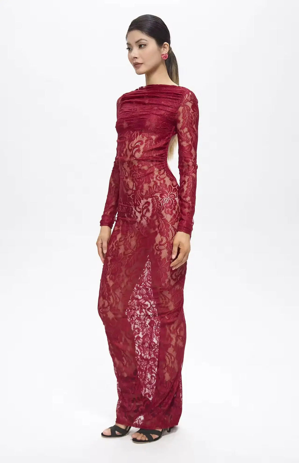 Turo Backless Floral Lace Maxi Dress Red