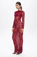 Turo Backless Floral Lace Maxi Dress Red