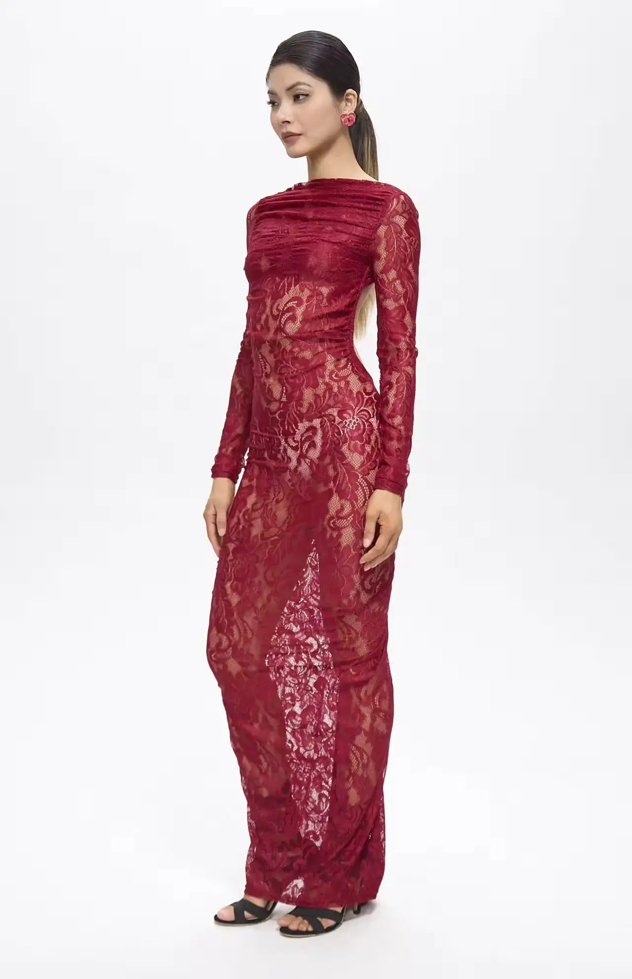 Turo Backless Floral Lace Maxi Dress Red