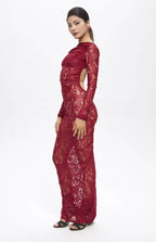 Turo Backless Floral Lace Maxi Dress Red