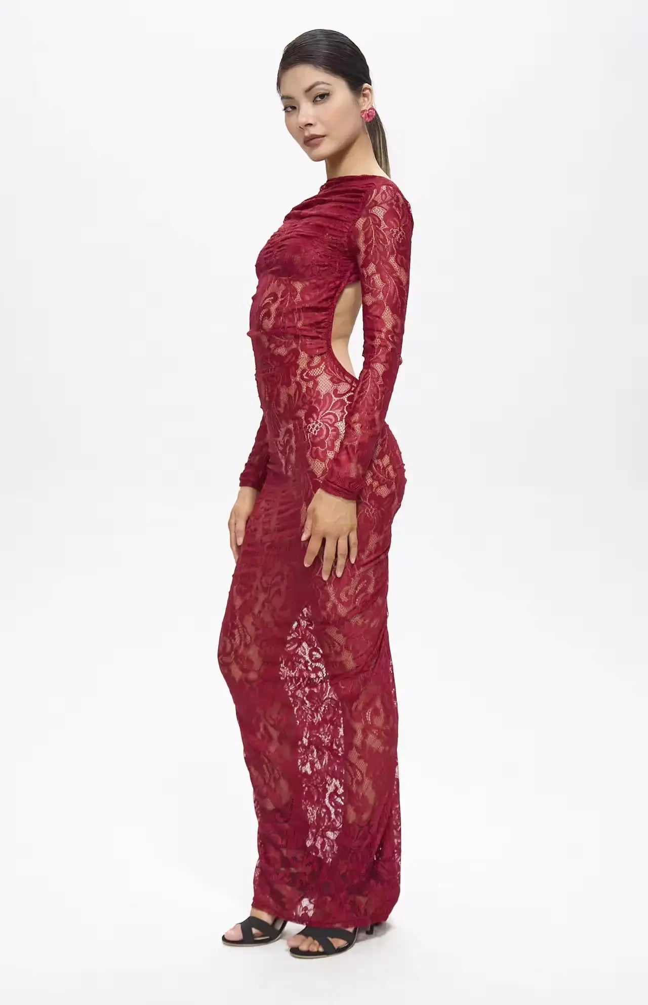 Turo Backless Floral Lace Maxi Dress Red