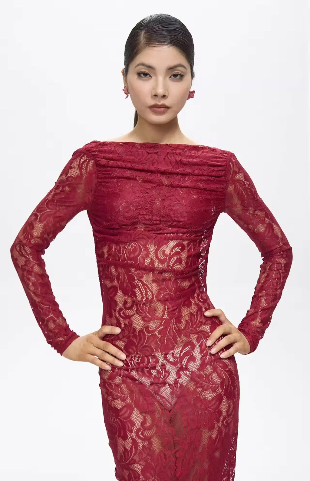 Turo Backless Floral Lace Maxi Dress Red
