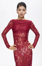 Turo Backless Floral Lace Maxi Dress Red