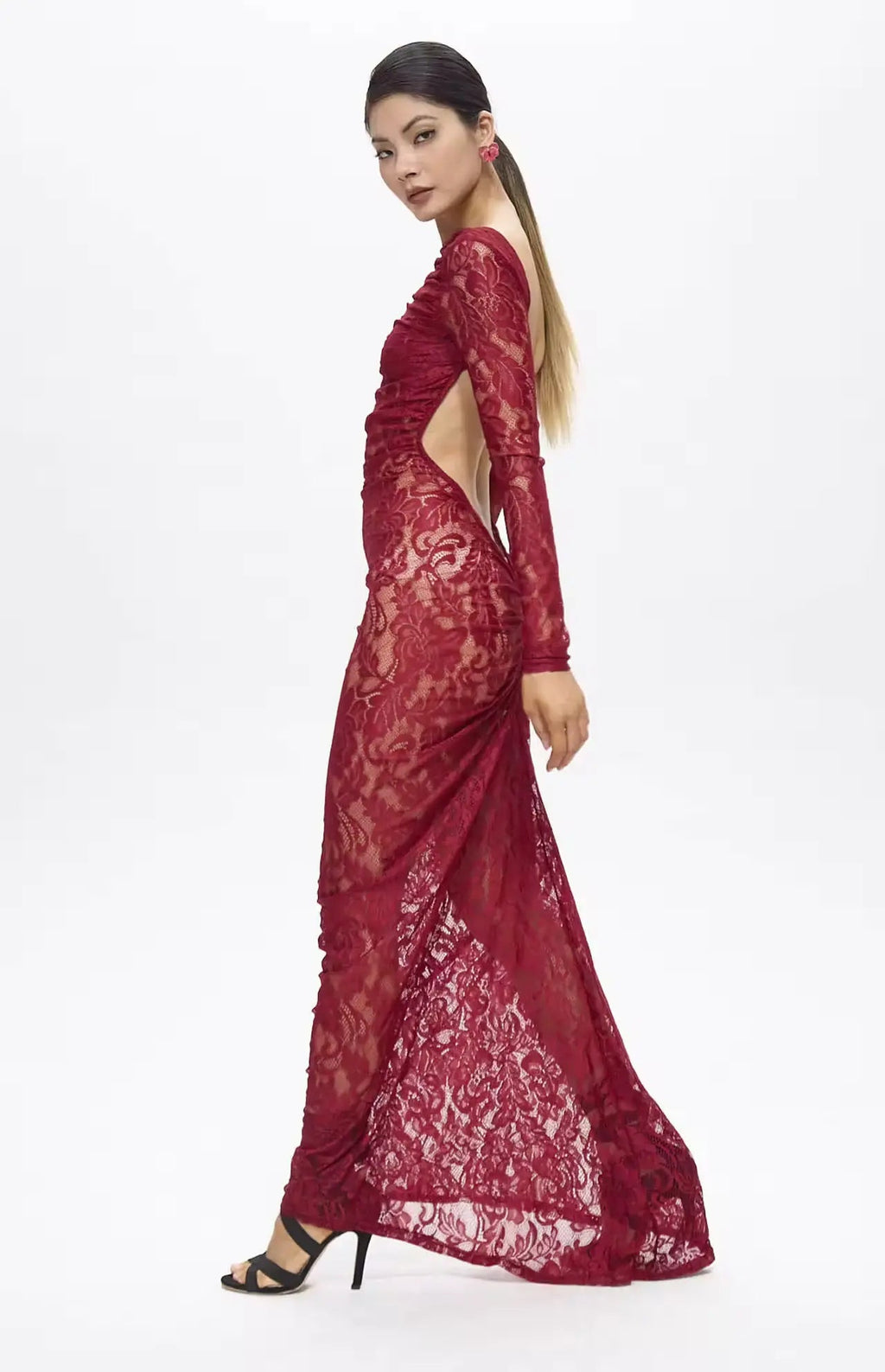 Turo Backless Floral Lace Maxi Dress Red