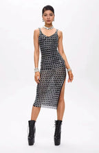 Gige Embellished Open Slit Crystal Midi Dress