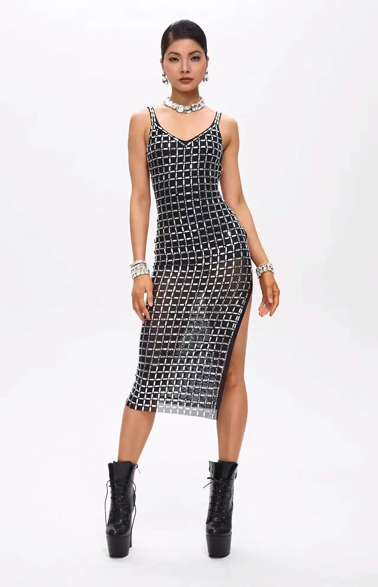 Gige Embellished Open Slit Crystal Midi Dress