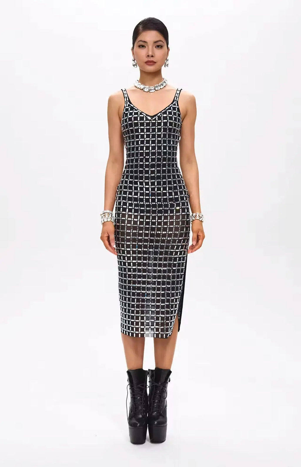 Gige Embellished Open Slit Crystal Midi Dress