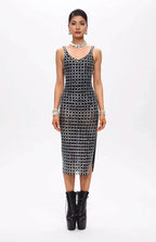 Gige Embellished Open Slit Crystal Midi Dress