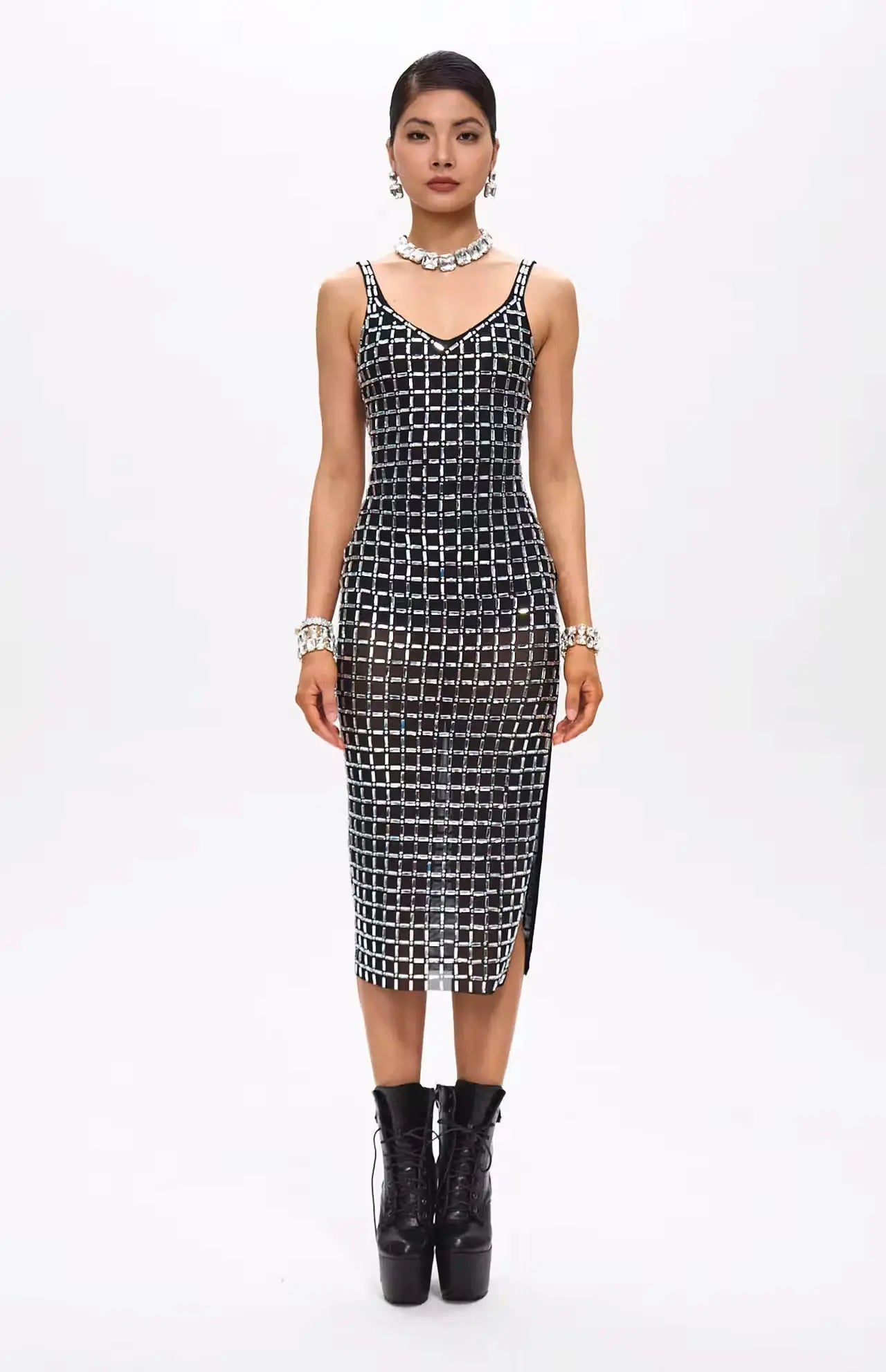 Gige Embellished Open Slit Crystal Midi Dress