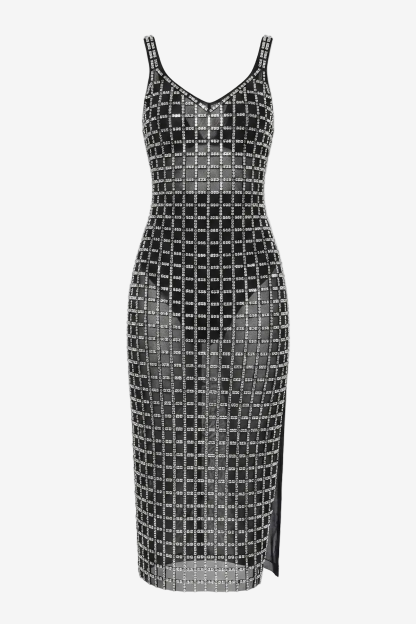 Gige Embellished Open Slit Crystal Midi Dress