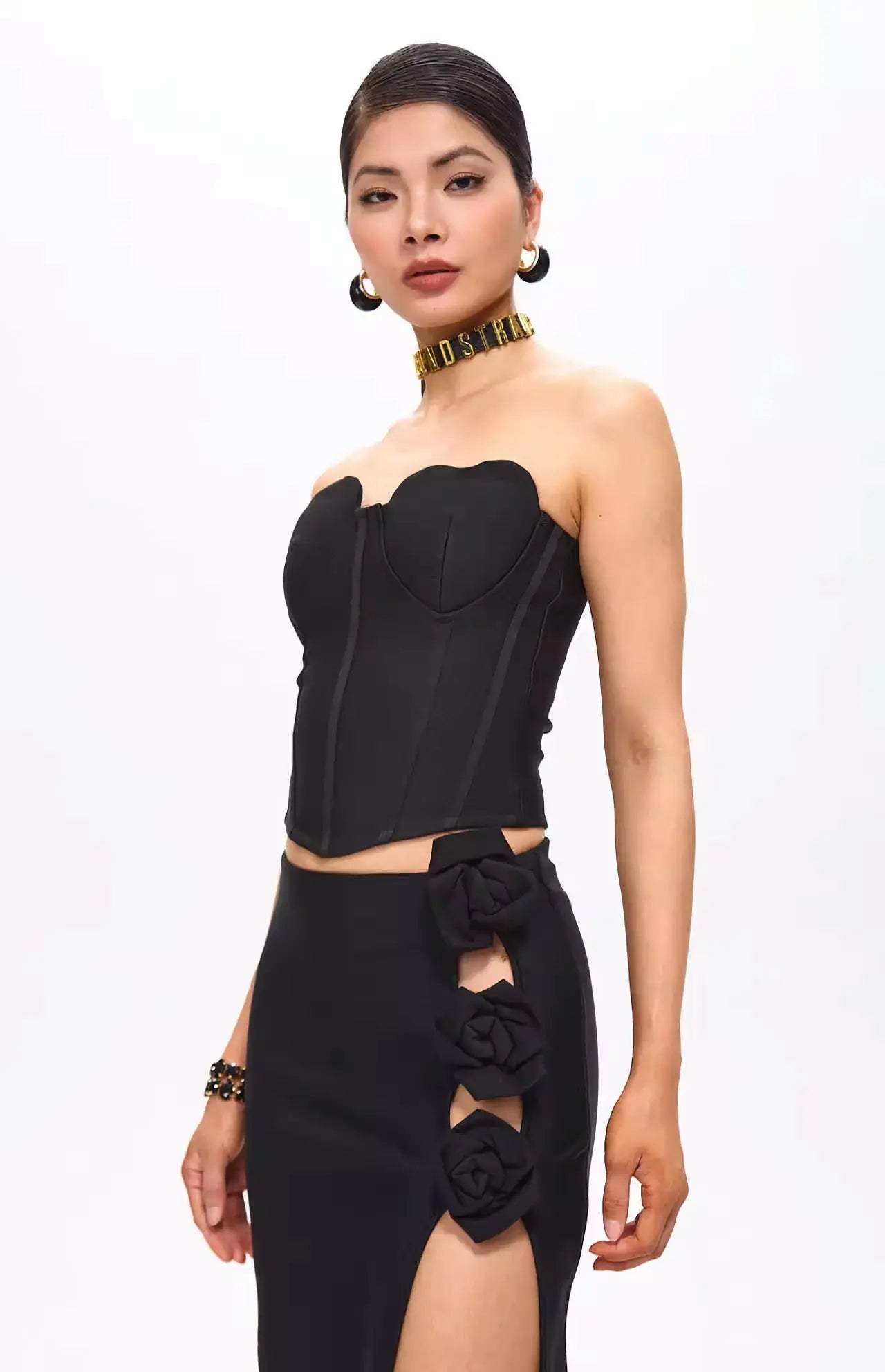 Tita Bandage Flower Decorated Maxi Skirt Black