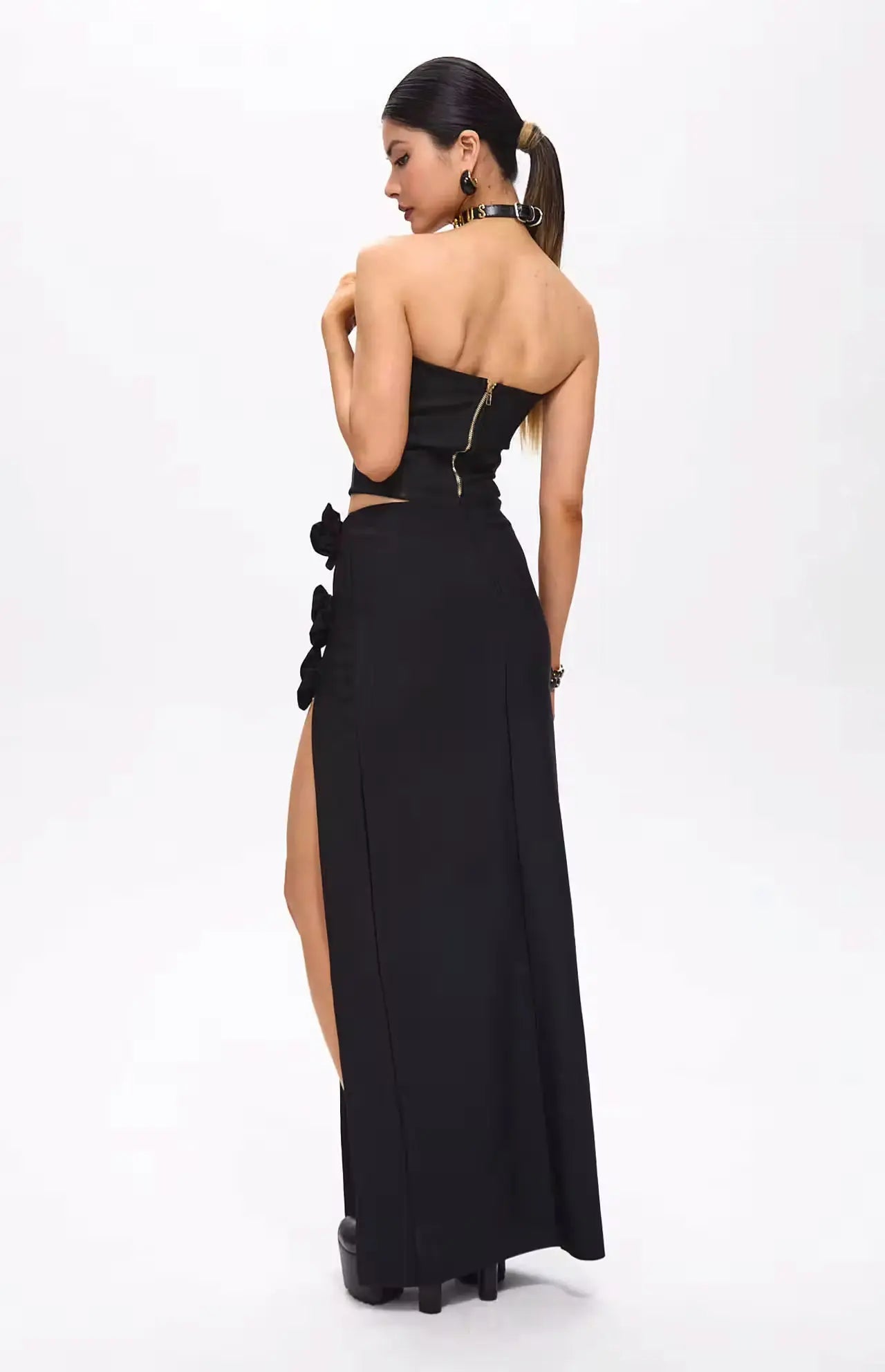 Tita Bandage Flower Decorated Maxi Skirt Black
