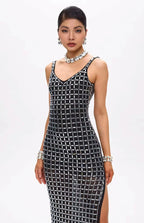 Gige Embellished Open Slit Crystal Midi Dress