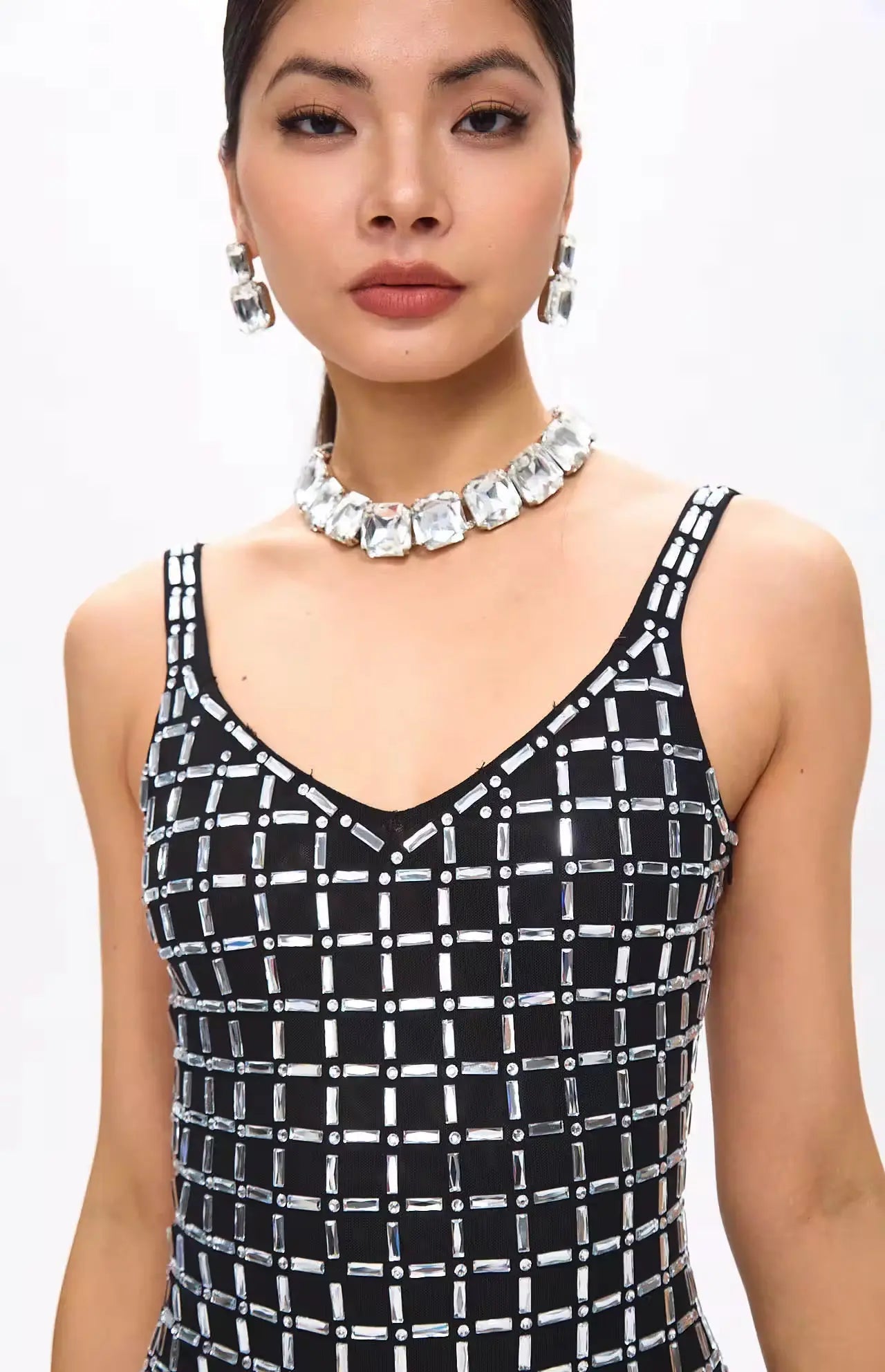 Gige Embellished Open Slit Crystal Midi Dress