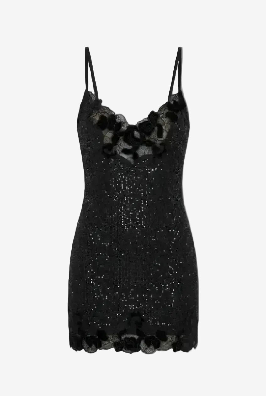 Villane Embellished Lace-Trim Mini Dress in Black
