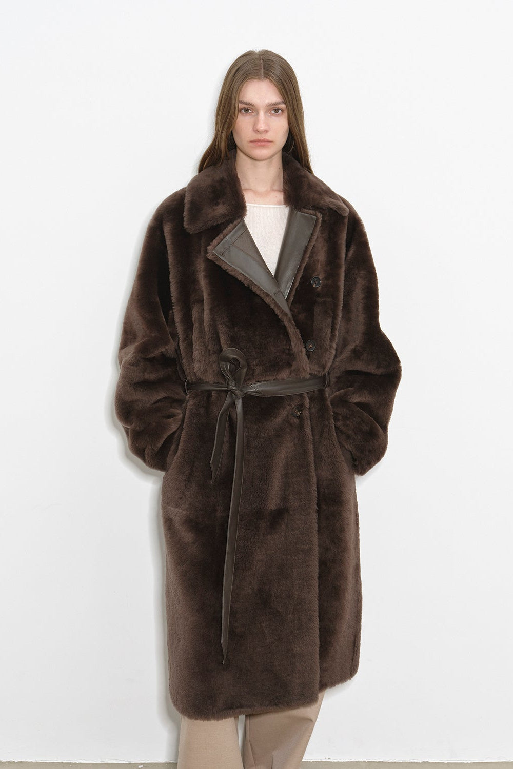 "Mocha Phantom" Merino wool dropped shoulder long asymmetric placket sheepskin coat-5
