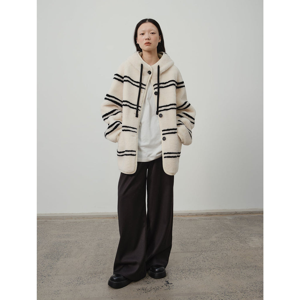 Fireladyfur Women's Lamb Wool Striped Jacket“Snowy New Year”-3