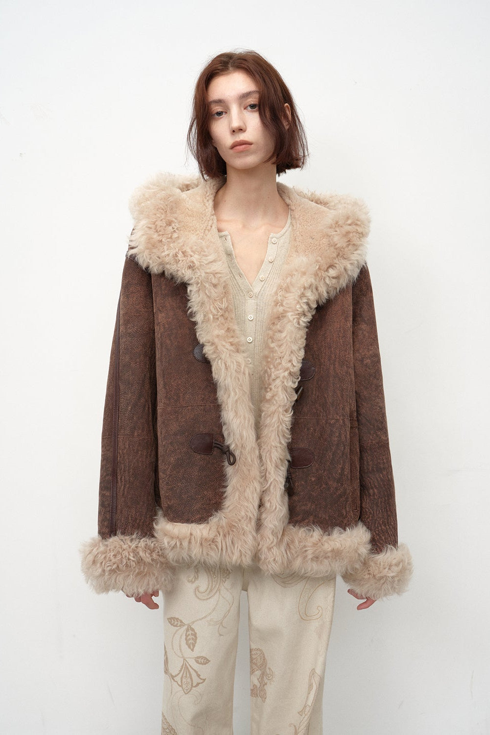 Fireladyfur Women's Shearling Coat - Drop Shoulder Hooded Merino Wool Winter Jacket-6