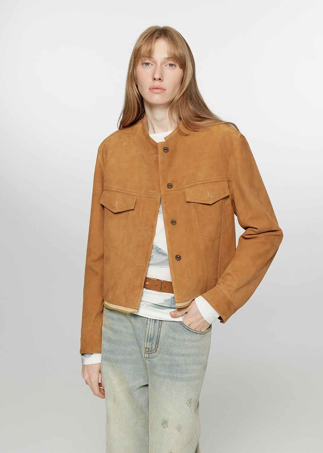 Retro Suede Sheep Leather Short Jacket with Structured Shoulders and Round Neck, Genuine Leather Outerwear "Sunset Escape"-5