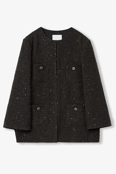 Circle Texture Sequined Wool Tweed Round Neck Long Chanel Style Coat for Women-5