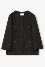 Circle Texture Sequined Wool Tweed Round Neck Long Chanel Style Coat for Women-5